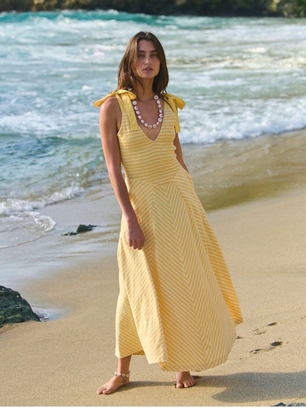 Free People Yellow Striped Tie-Shoulder V-Neck Maxi Dress
